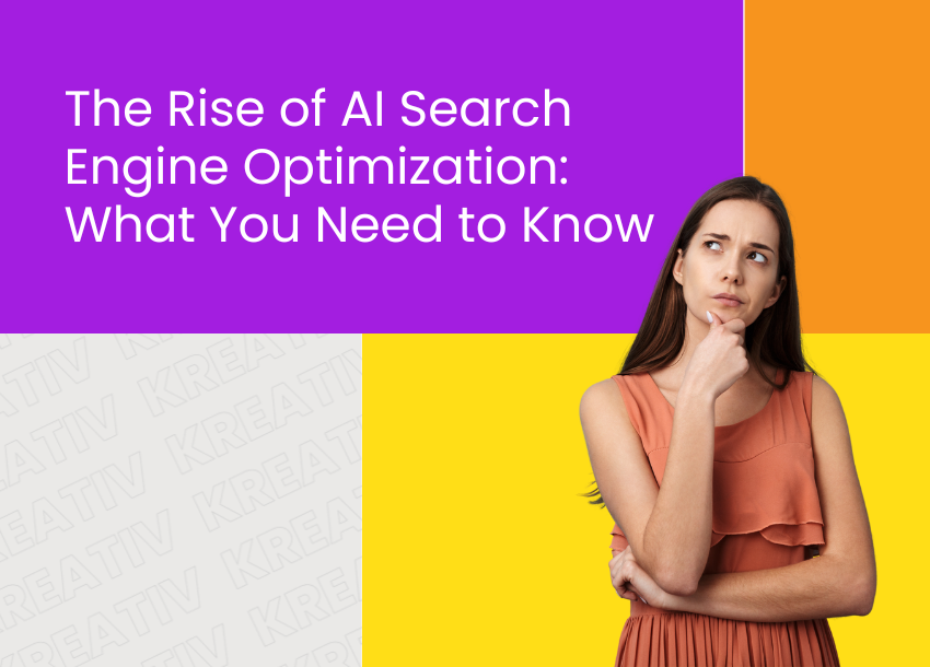 Woman thinking beside colorful banner titled ‘The Rise of AI Search Engine Optimization: What You Need to Know’.